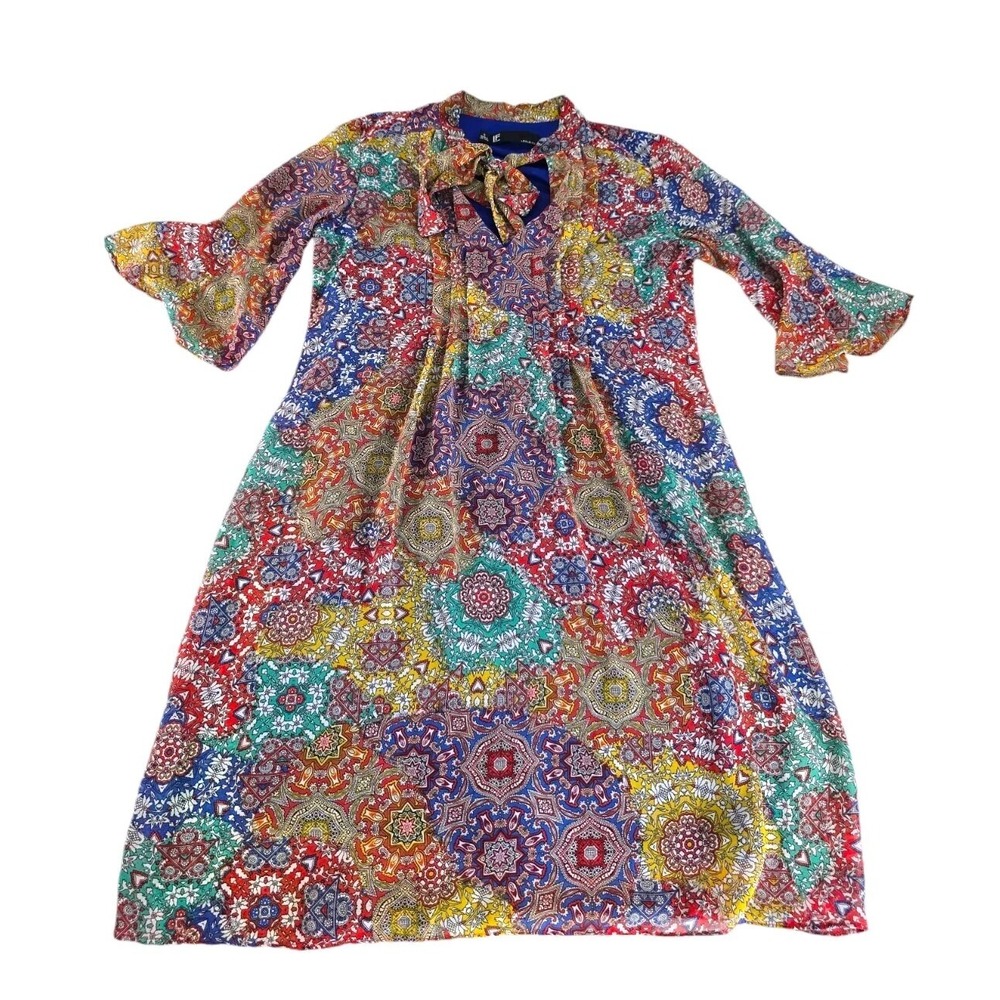 Leslie Fay Womens Lined Midi Dress Size 6‎ Boho Vintage Quarter Bell Sleeves Tie
